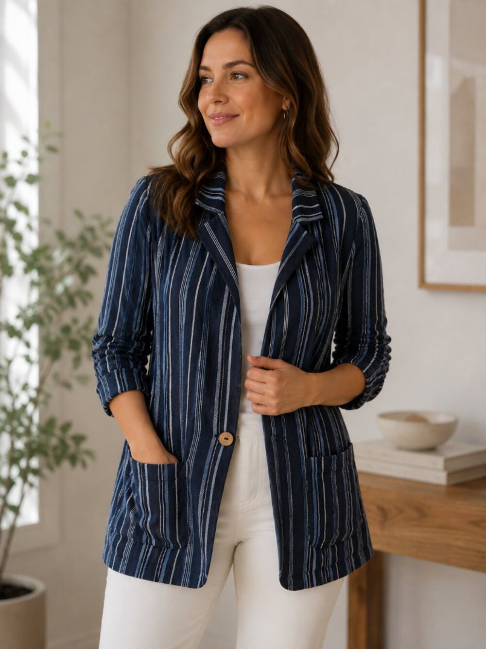 NWT Linen Ellen Tracy Striped Navy Light Blue Womens Career Blazer Jacket Small